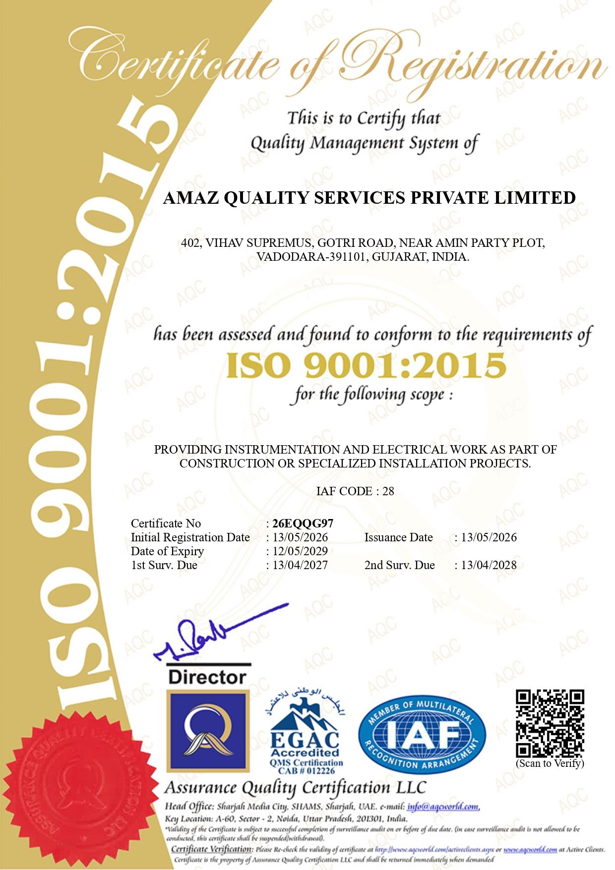 ISO 9001:2015 Certificate of Registration — AMAZ QUALITY SERVICES PRIVATE LIMITED